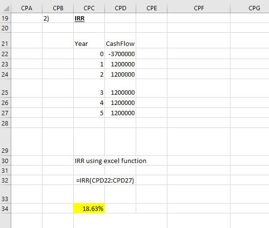 4 CPA CPB CPD CPE C PF CPG CPC IRR 2) Year Cash Flow 0 -3700000 1 1200000 2 1200000 3 4 5 1200000 1200000 1200000 IRR using e