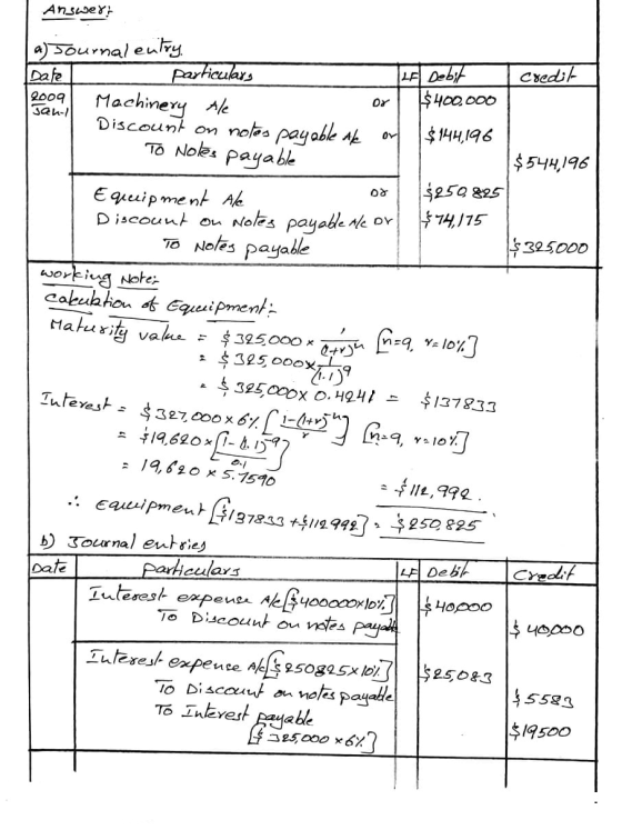 Jan-ll Om Answer? | a) Journal entry. TIF Debit credit Date particulars 2009 Machinery Ale $400,000 Discount on notas payable