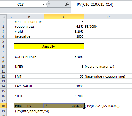 C18 fx --PV(C16, C10, C12,014) years to maturity coupon rate yield facevalue 6.5% 65/1000 5.20% 1000 Annually: COUPON RATE 6.