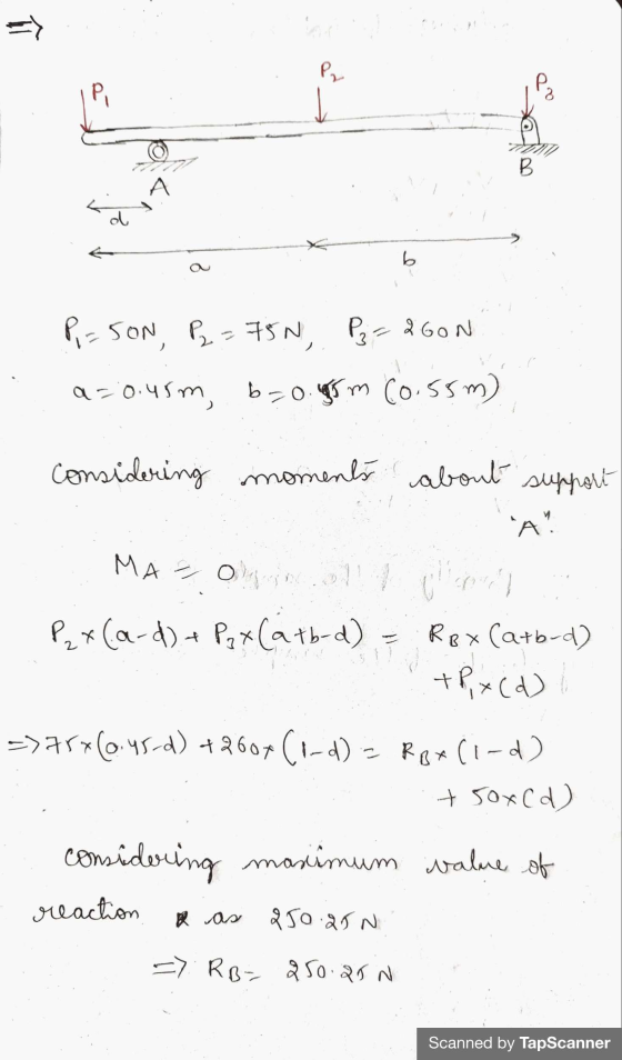 => P₂ 2 B A d b a P=SON, P₂ = 750, P₂ = 2GON a=0.45m, b=0.8m (o.5sm) considering moments about support A MA= on all follore