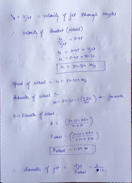 B = Vjet a velocity of jet through Nozzles in velocity of bucket (coneel) u = 0.45 vjet n. ce = 0.45 * vjet ce = 0.45*76.72 u