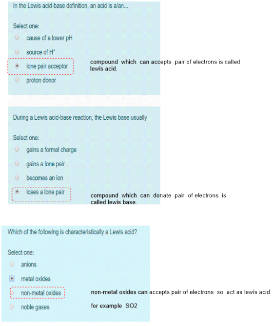 In the Lewis acid-base definition, an acid is alan... Select one: cause of a lower pH source of H+ air of slopinama i cille: