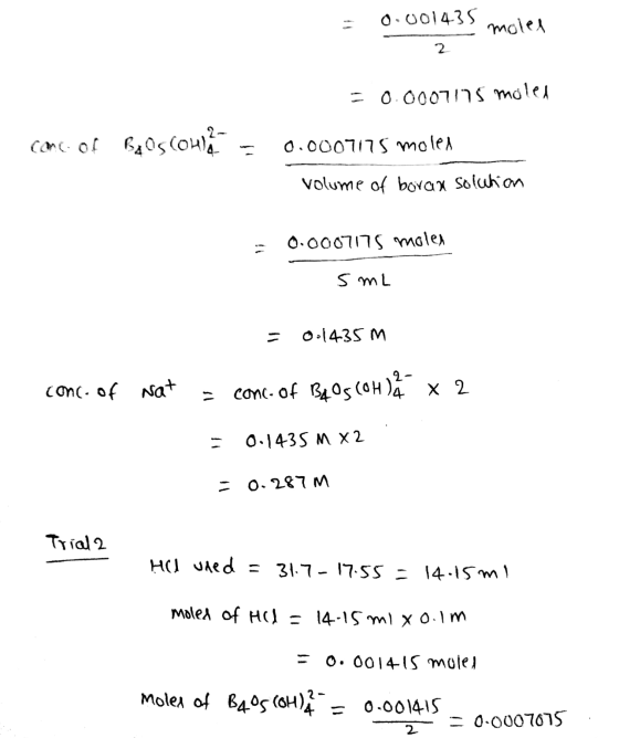 = 0.001435 molel 2 = 0.00071ns moled 1. conc. of Baos Coule = 0.0007175 moles volume of borax solution - 0.0007175 molex smi