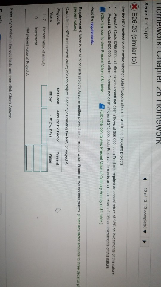 Homework. Chapter 26 HomeworK Score: 0 of 15 pts 12 of 13 (13 complete) E26-25 (similar to) Use the NPV method to determine w