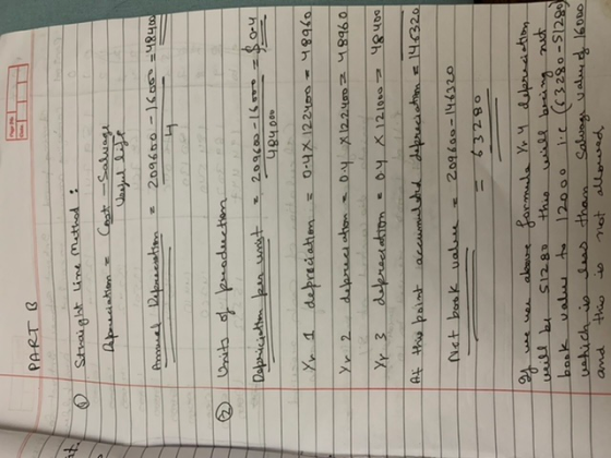 PART B 7 Straight line Method : Depreciation & Cost - Salvage Annual Deprecation : 20960o-16000 48400 @ Units of production D