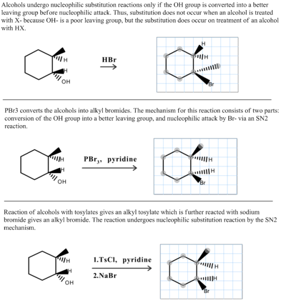Alcohols undergo nucleophilic substitution reactions only if the OH group is converted into a better leaving group before nuc