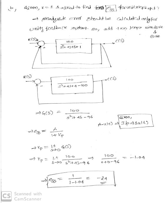 b Güven, k=1 & asked to find free less forundlzlpinpot ? - steady state error should be calculated only fero Unity feedback s