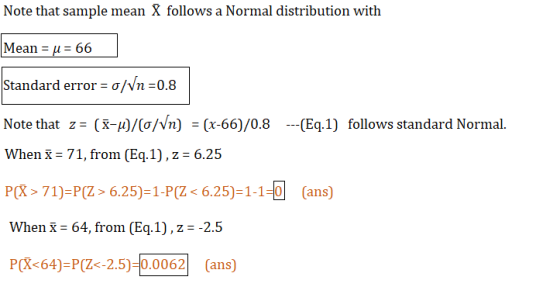 Note that sample mean follows a Normal distribution with Mean 66 Standard errors σ/vn :0.8 Note that z (x-H)/(o/Wn) (x-66)/0.8 (Eq.1) follows standard Normal. When 71, from (Eq.1), z 6.25 P(R 71)-P(Z 625)-1-P(Z6.25)1-1-(ans) When 64, from (Eq.1), z- -2.5 P(X<64)=P(Z<-2.5):0.0062 (ans)