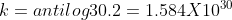 k = antilog 30.2 = 1.584X10^{30}