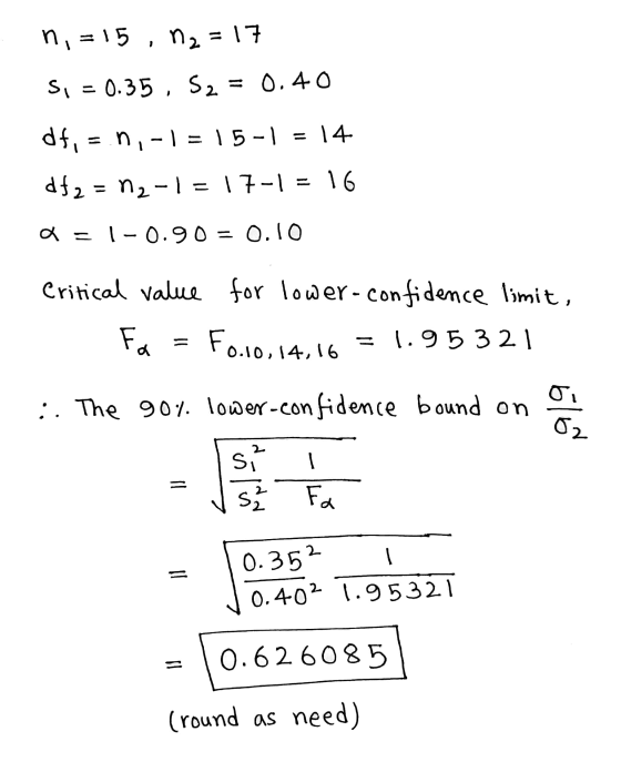n = 15, n2 = 17 - S, = 0.35 , 52 = 0.40 df, un, -1 = 15-1 = 14 df2 = n2-1 = 17-1 = 16 a = 1-0.90 = 0.10 Critical value for lo