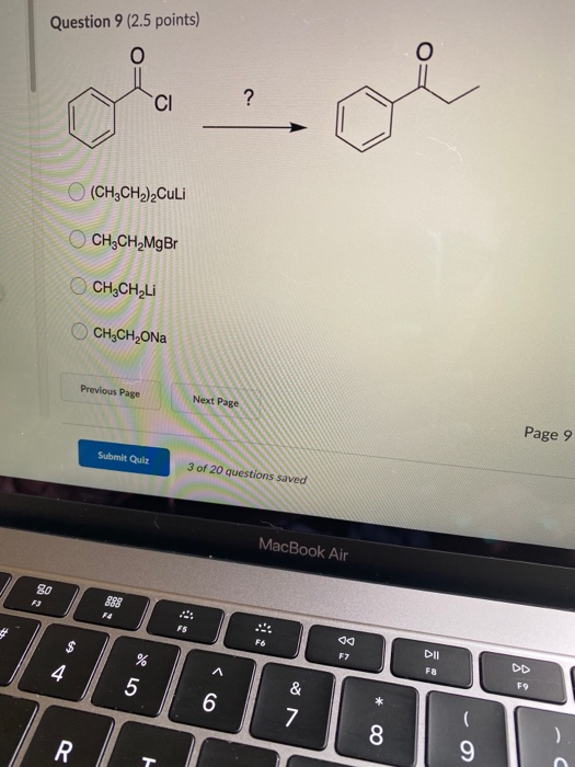 Question 9 (2.5 points) O(CH2CH2)2Culi CH3CH MgBr O CHỊCH-Li CH,CH,ONa Previous Page 23 Page 9 Submit Quiz 3 of 20 questions