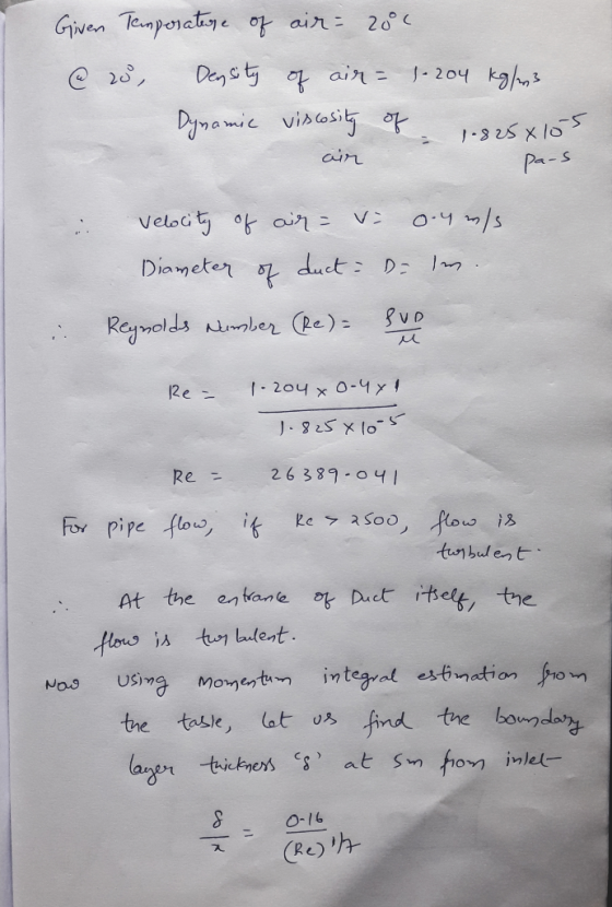 Given Temperature of air= 200. a 20 Density of air= 4-204 kg/m3 Dynamic viscosity of 1.825x10s air pas Velocity of air = v= 0