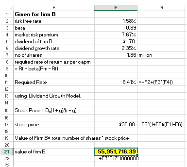 1 2 3 4 5 6 7 8 9 Given for firm B risk free rate beta market risk premium dividend of firm B dividend growth rate no of shar