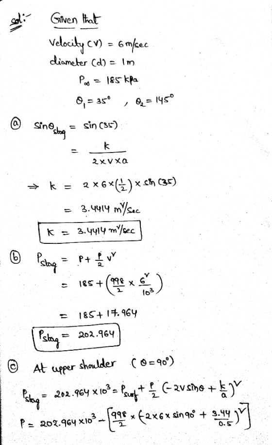 soli Given that Velocity CV) = 6 m/sec diameter (do - Im Pa = 185 kPa 0,- 350 , 0x = 1450 @ sinehan = sin (35) - 3x0 = K = 2