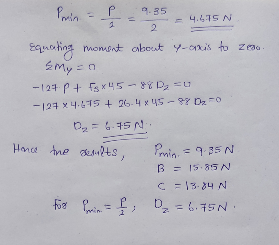 Pmin 9.35 = 4.675 N 2 Equating moment about 4-asis to zero. {My=0 - 127 Pt Fsx 45 - 88 D₂=0 -127 x 4.675 + 26.4 x 45 -88 Dz=0