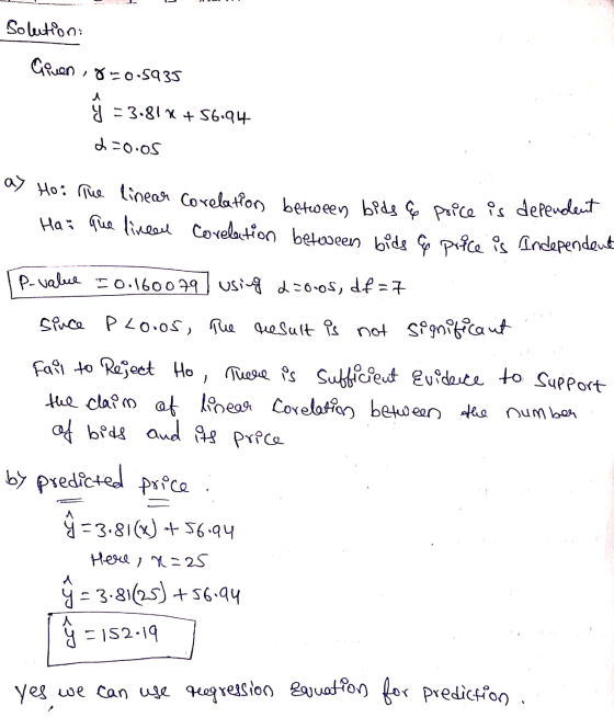 Solution: Given 10-0.5935 y = 3.81x + 56.94 do os a> Ho: The linear corelation between bids & price is dependent Hai que link