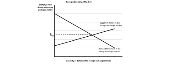 Foreign Exchange Market Exchange rate (foreign currency units per dollar) supply of dollars in the foreign exchange market Eo 0 demand for dollars in the foreign exchange market quantity of dollars in the foreign exchange market