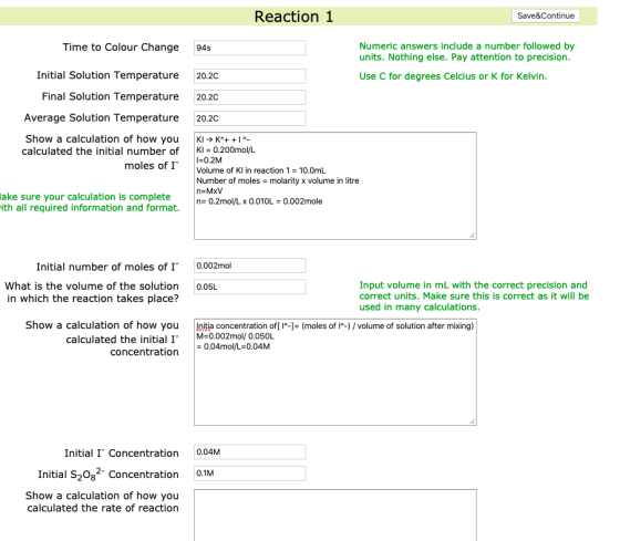 Reaction 1 Save&Continue Time to Colour Change 948 Numeric answers include a number followed by units. Nothing else. Pay atte