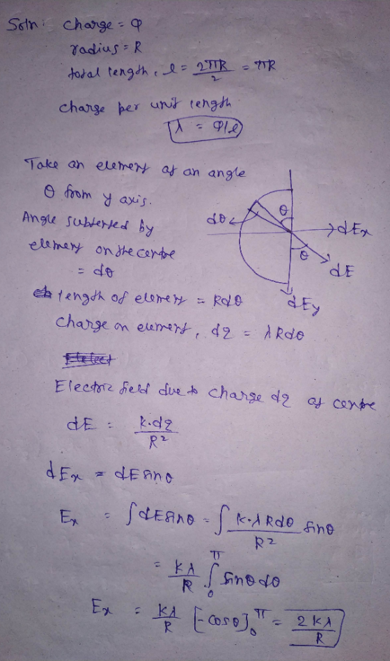 Son charge a radius=R total length. I = 21TR - TR charse per uns rength. M -910) Take an elemery as an angle o from y axis.