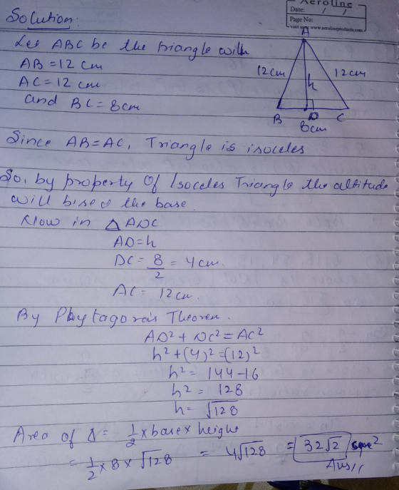 Aeroline ﹁ Date: 1/ Page No: So luhon visit APs =12 cm 12 cu Sine AR-AC, Tvarg le is isoceles ヘプCy 2 1 3222 2.