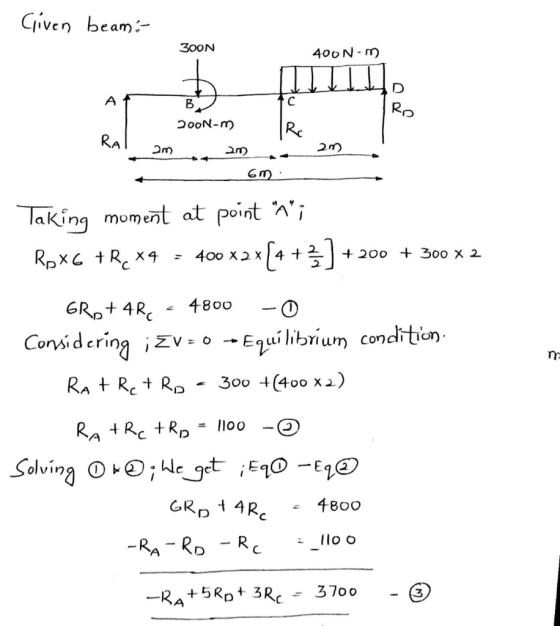 Given beam: 300N 400N-m А с B DOON-m) Ro Rc RAL 2m 2m 6m Taking moment at point n; RoX6 + Rc = 400 x 2x [4 + + 200 + 300 x