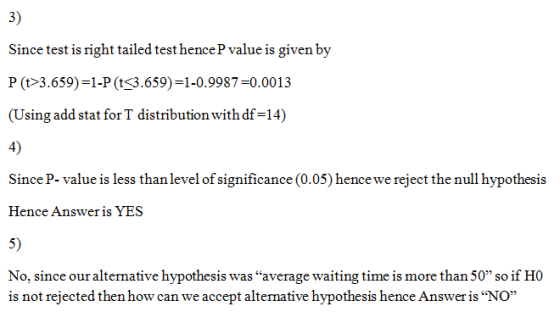 3) Since test is right tailed test hence P value is given by P(t>3.659)=1-P (t<3.659)=1-0.9987=0.0013 (Using add stat for T d