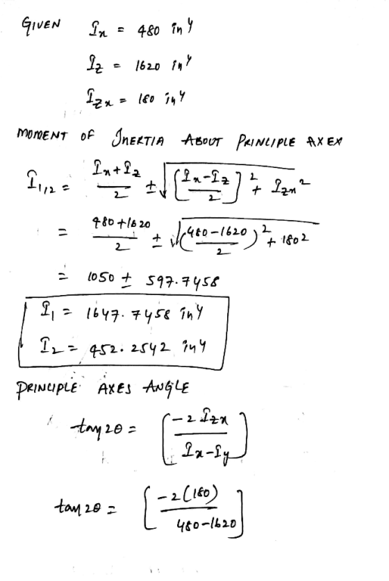 GIVEN In = 480 iny Iz = 1620 iny Izn = 180 iny MOMENT OF INERTIA ABOUT PRINCIPLE AX EX Tune Pana la 1 / (12-23) = 480.70 0.t