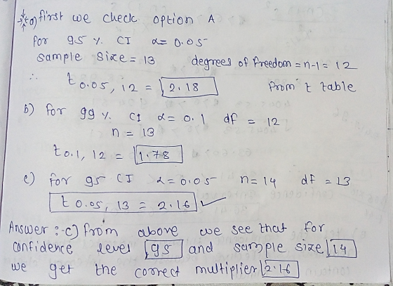 & first we check option a for g5 Y. CI = 0.05 sample size=13 degrees of freedom = n1 = 12 toos, i2=12,187 from a table 6) for