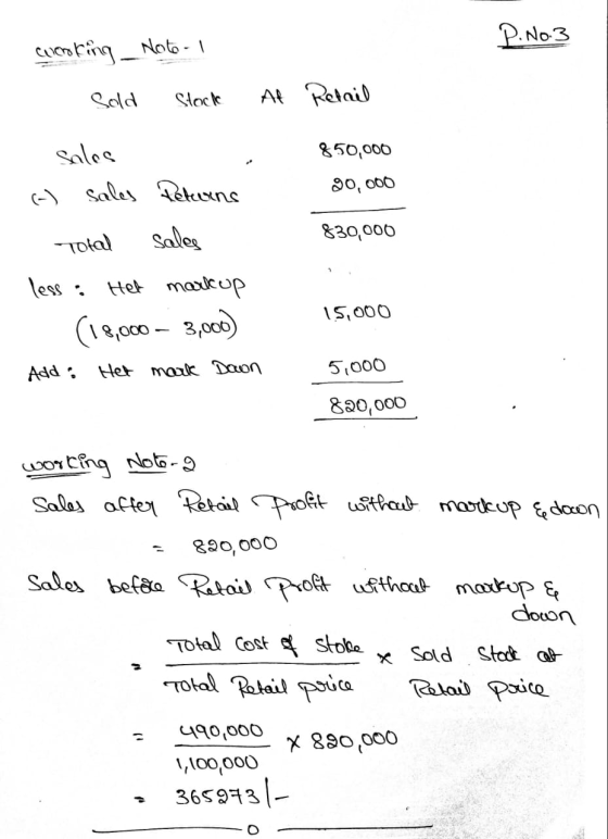 P.No.3 Culemaking_ Noto-1 Sold Stock At Retail 850,000 sales (-) sales Returns 80,000 sales 830,000 Total less . Her markup 1