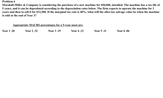 Problem 6 Marshall-Miller & Company is considering the purchase of a new machine for $50,00o, installed. The machine has a ta