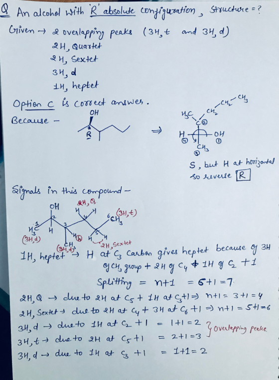 Q An alcohol with R absolute configuration, Structures? Given I overlapping peaks (34t and 34, d) 24, Quartet 24, Sextet 34,