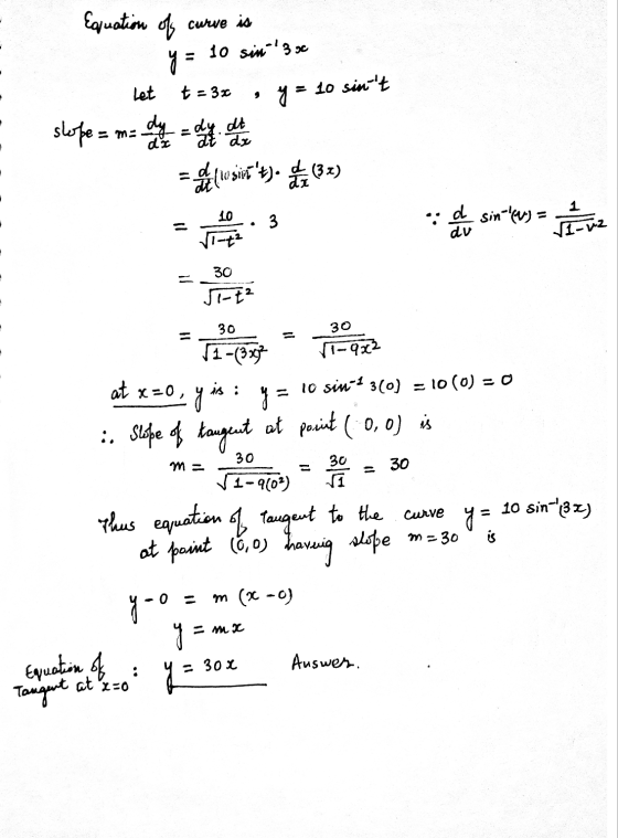 cure is Equation of y = 10 sin 3 oc Let t = 3x gi = 10 sint slope = =m= dy = dy de la For me to siz 4). (wsits). (32) 1 1