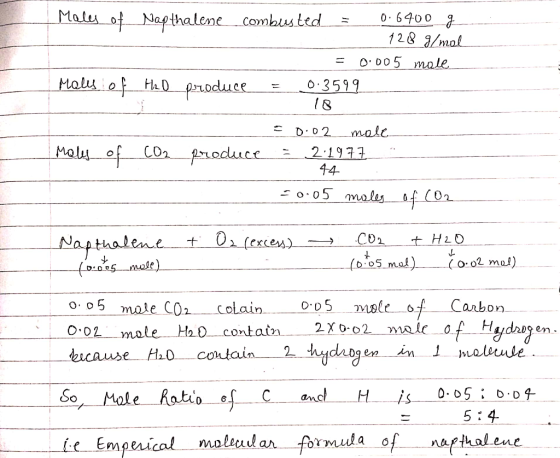 Males of_Napthalene combusted : 0.6400_j 128 g/mol = 0.005 male Males of H2O produce = 0.3599 Moly of CO2 produce = 0.02 mole