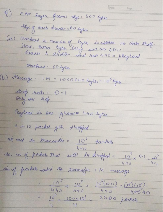 Date 2) MAC Layer frame ste= 500 bytes Alege of each header = 60 ligtes Overhead us number of legres in adderton to data itse