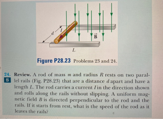 d B L Figure P28.23 Problems 23 and 24. 24. Review. A rod of mass m and radius R rests on two paral- slel rails (Fig. P28.23)