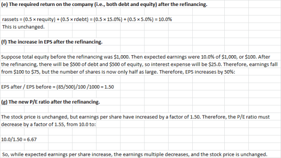 (e) The required return on the company (i.e., both debt and equity) after the refinancing. rassets (0.5 x requity) + (0.5 x r