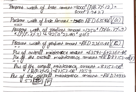 8000*7.9427 X Present worth of b9de amount =8000 (PĄ.77-12) - Pacsent worth of b9e Amount = 1860 AED 635456 * LPF-773) 11250