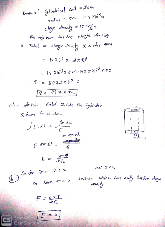 lenth of Cylindrical cell = 180m radius = 5cm = 5x16m - charge density = 15 h/m2 This only have surface charge density s Tota