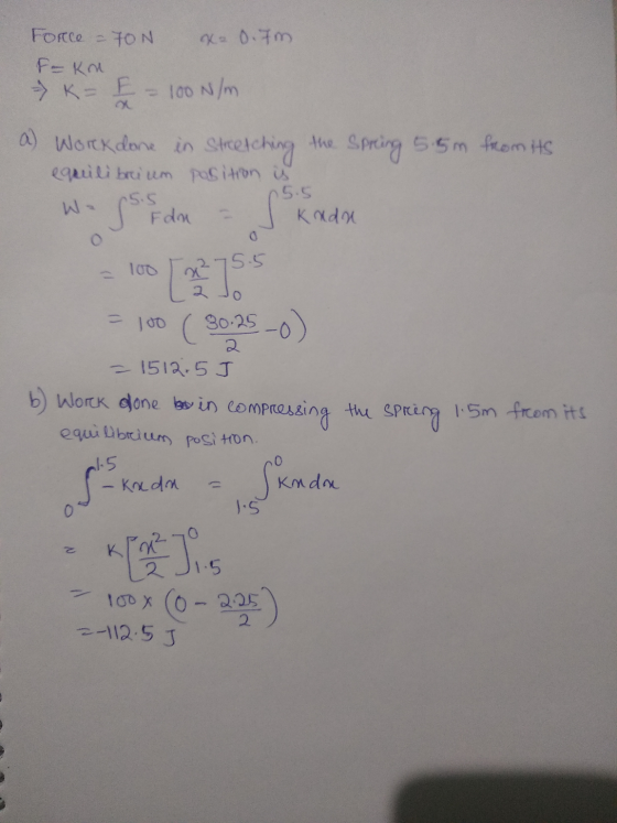 x2 0.im Force =TON F-km K= E= 100 N/m a) Work done in Streeto retching the Spring 5.5m from its equilibrium position is 15.5
