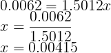 0.0062 = 1.50120 0.0062 = 1.5012 x = 0.00415
