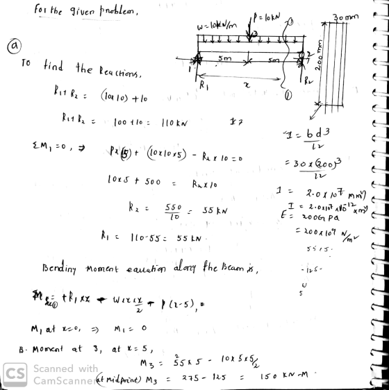 for the given problem, P = 10 kn 30mm - lode N/m a To find the Reactions, 5m 200 mm 54 Rr R Pit Rei (1or lo) +lo 2 0 Rinka -