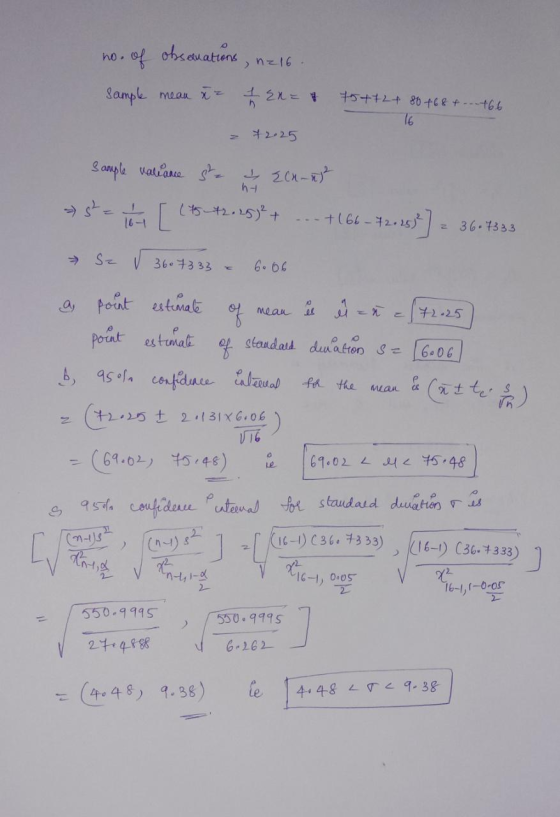 16 no. of observations, n=16. sample mean to I EX= 75+12+ 80 +68+ ... 166 - +2,25 Sample valiance se i ECR-ng st = t (45-42.2