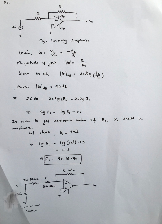 P3. R₂ RI M V + VC ya Vio -vec Fig: Inverting Amplitics. Gain, G= von - R₂ R, RL Magnitude of gain, Iol= Gain in dB, (Gl dp =
