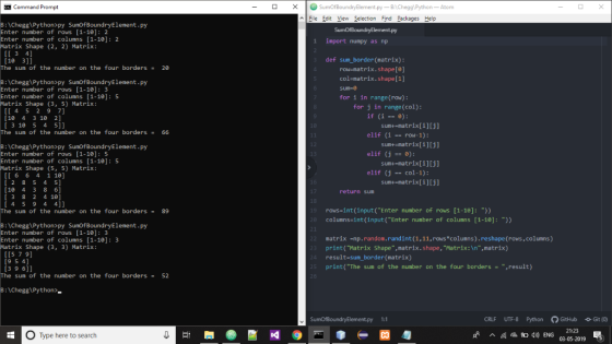 Command Prompt File Edit iew Selection Find Packages Help B:Chegg\Python>py SumofBoundryElement.py Enter number of rows [1-10