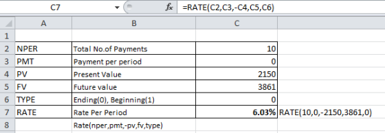 C7 fx =RATE(C2,C3,-C4,C5,C6) 2 NPER 3 PMT 4 PV 5 FV 6 TYPE 7 RATE Total No.of Payments Payment per period Present Value Futur