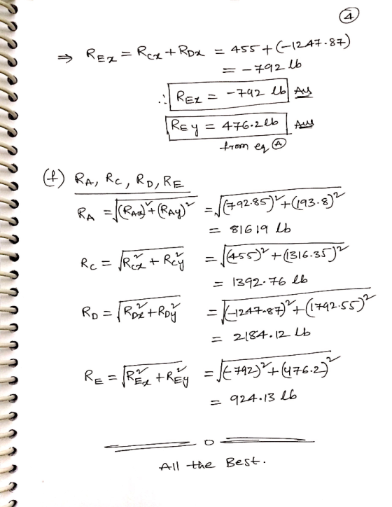 → Rex = Rcx + RDX = 455+ (-12A7-87) = -79266 . Rex = -792 lb Ay Rey = 476.26b Aus from eq @ (f) RA, RC, RO, RE = 81619 Db RA