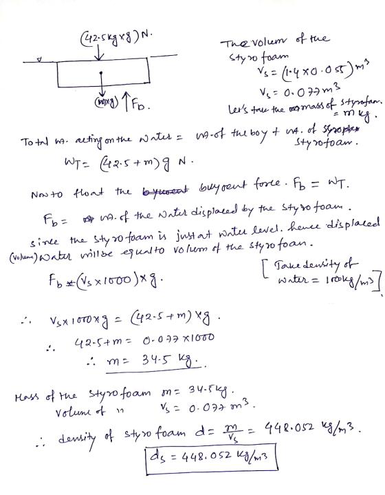xo.oss) m Total ha (42.5kg xg9N. The volum of the Styrofoam Vs= (1140 choing) 1 Feb Vg=0.077 m3 Lers take the ass mass of st
