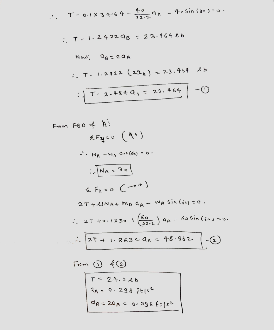 qu 3 2.2 T-o.1 x 3 4.64 4o Sin ( 30 )=0. AB :, T-1.24229B = 23.464 lb Now! AB=29A 23.464 ebl :. T- 1.2422 (204) 23.464 -0 T-