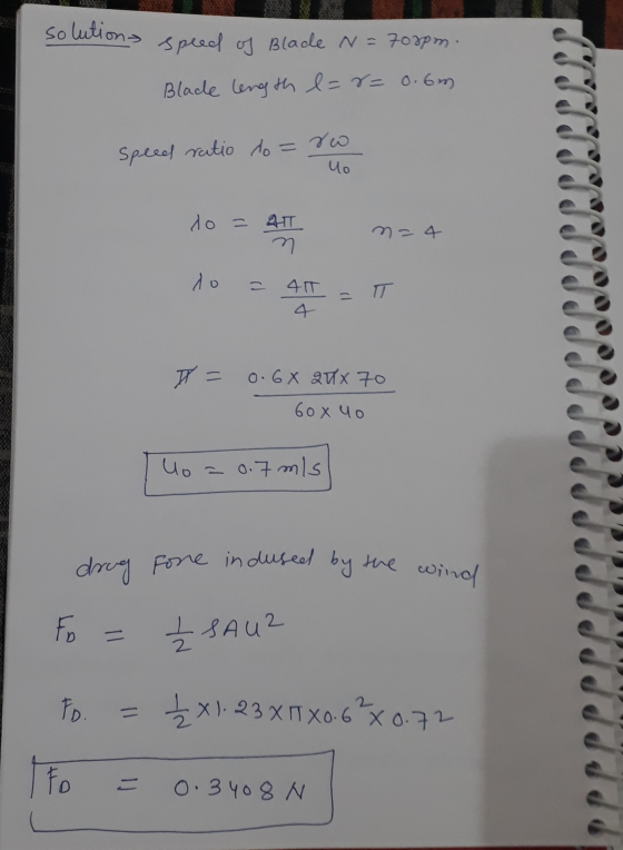 solutions speed of Blade N = 700pm. Blade length l=8= 0.6m speed ratio do= ro uo do = AT n n = 4 do T 415 4 t = 0.6X QUX 70 6