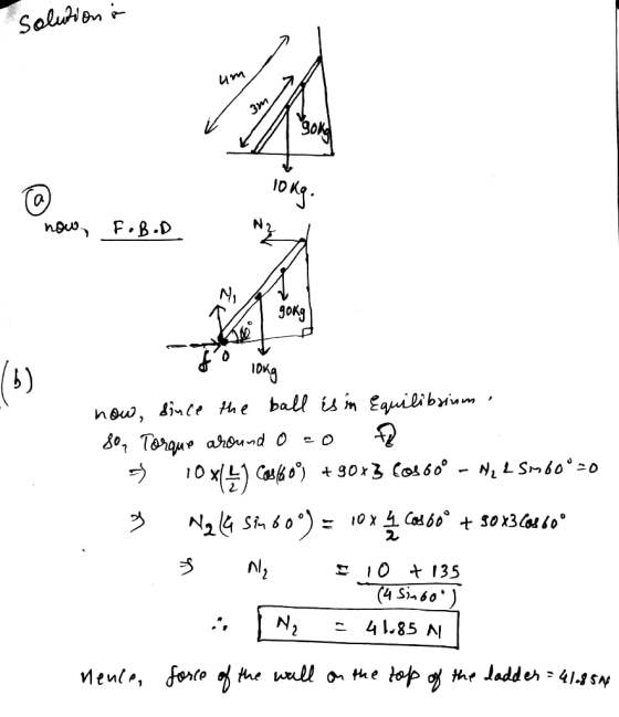 solution a um 3m googl long. now, FOB.D NY, gokg b ) jo long now, since the ball is in equilibrium son Torque around o 2 =)